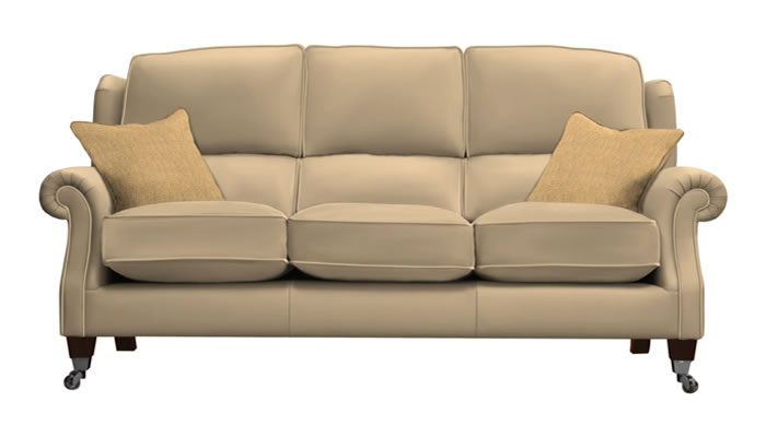 Parker Knoll Henley 3 Seater Sofa in Como Taupe Leather with Baslow Plain Gold Scatters and Mahogany Legs